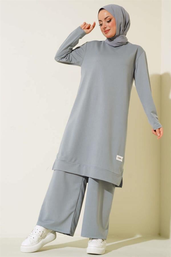 Embroidered Wide Leg 2 Piece Set Gray
