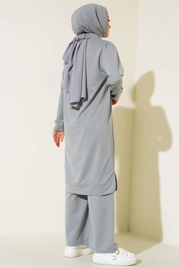 Embroidered Wide Leg 2 Piece Set Gray
