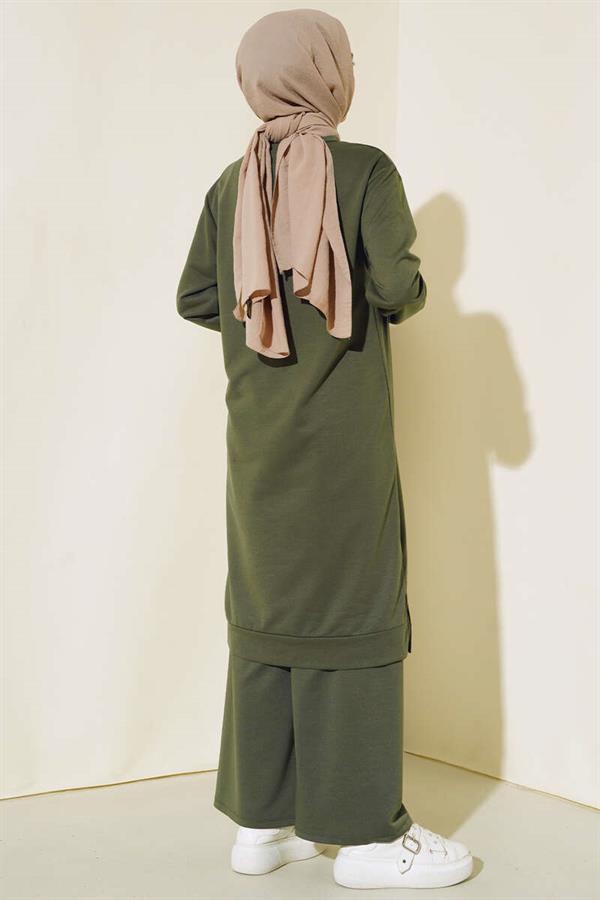 Embroidered Wide Leg 2 Piece Set Khaki
