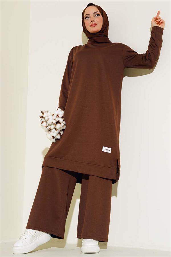 Embroidered Wide Leg 2 Piece Set Brown