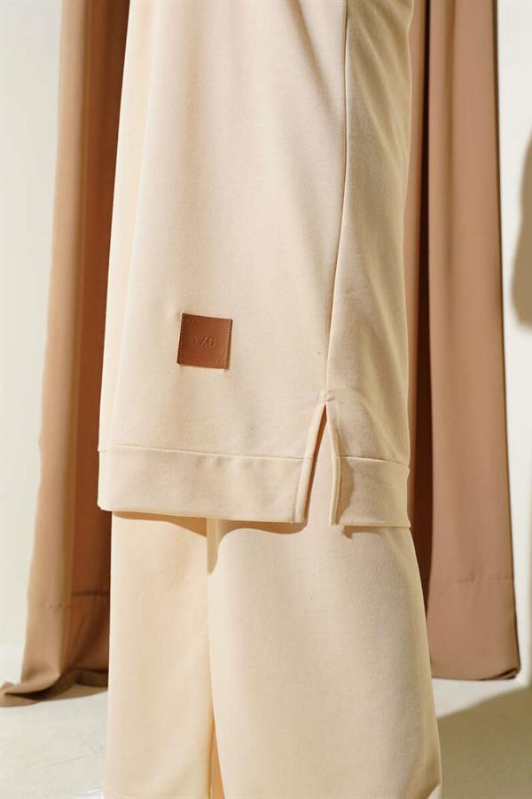 Embroidered Wide Leg 2 Piece Set Sand Beige