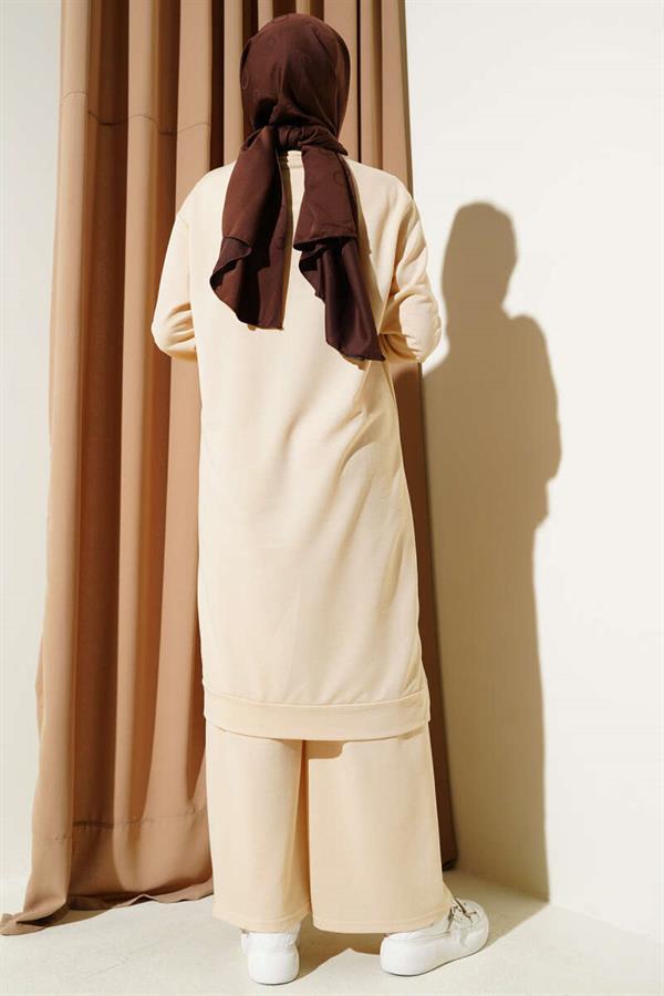 Embroidered Wide Leg 2 Piece Set Sand Beige