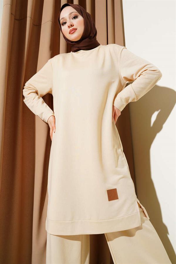 Embroidered Wide Leg 2 Piece Set Sand Beige