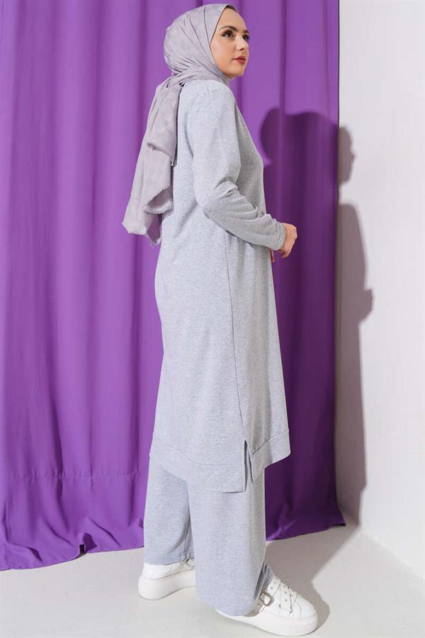 Embroidered Wide Leg 2 Piece Set Melange Gray