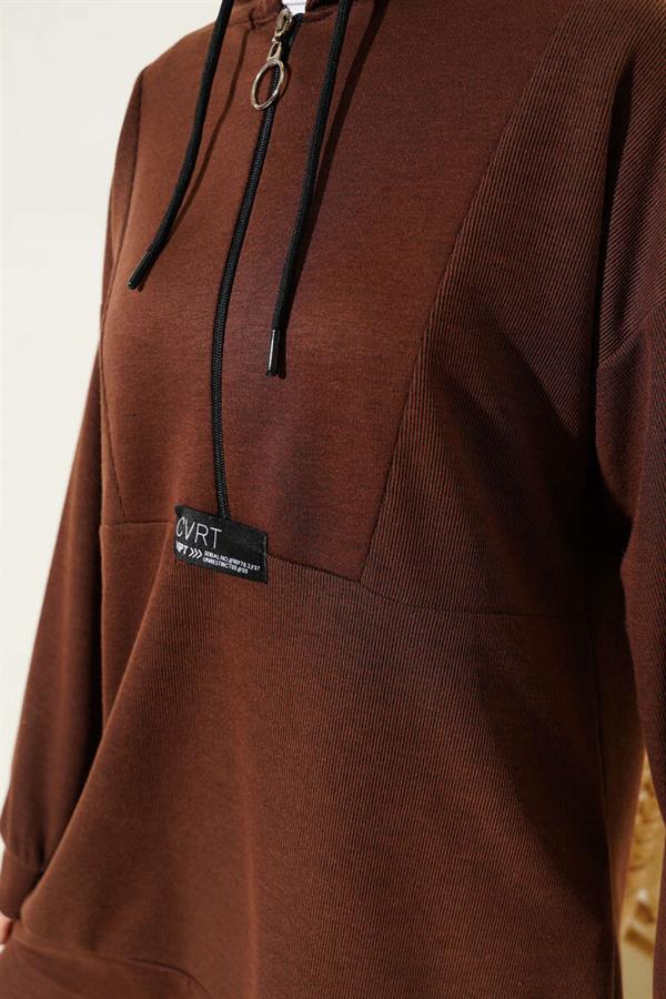 Emblem Zippered Hooded 2 Piece Set Brown