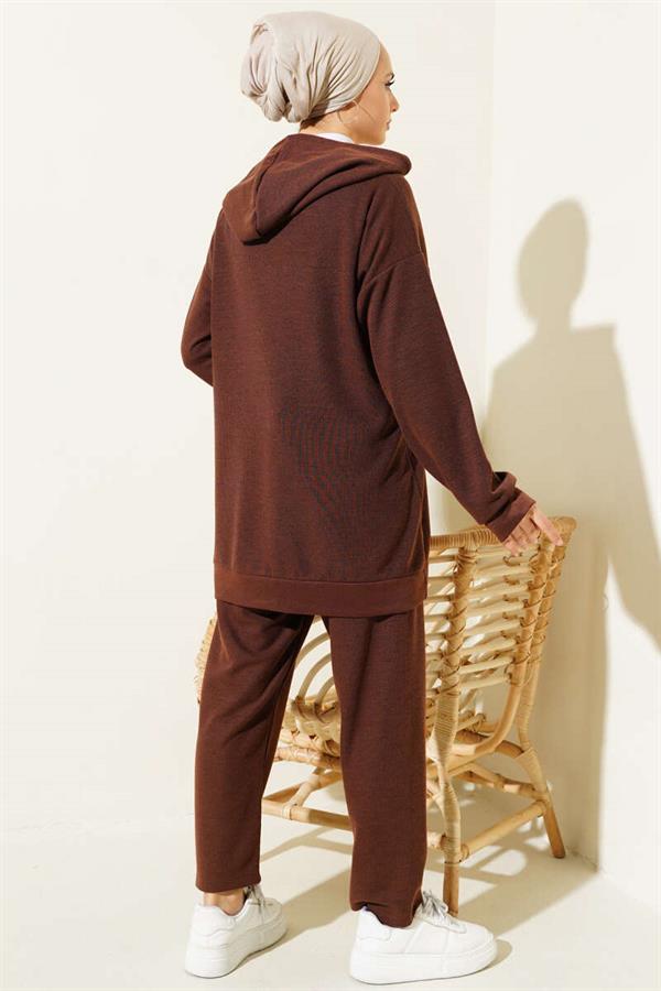 Emblem Zippered Hooded 2 Piece Set Brown