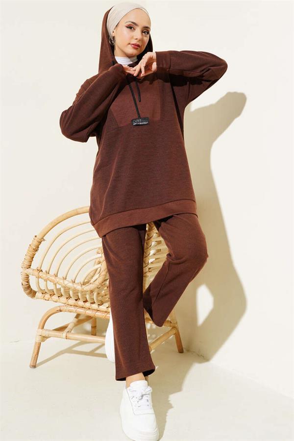 Emblem Zippered Hooded 2 Piece Set Brown