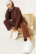 Emblem Zippered Hooded 2 Piece Set Brown