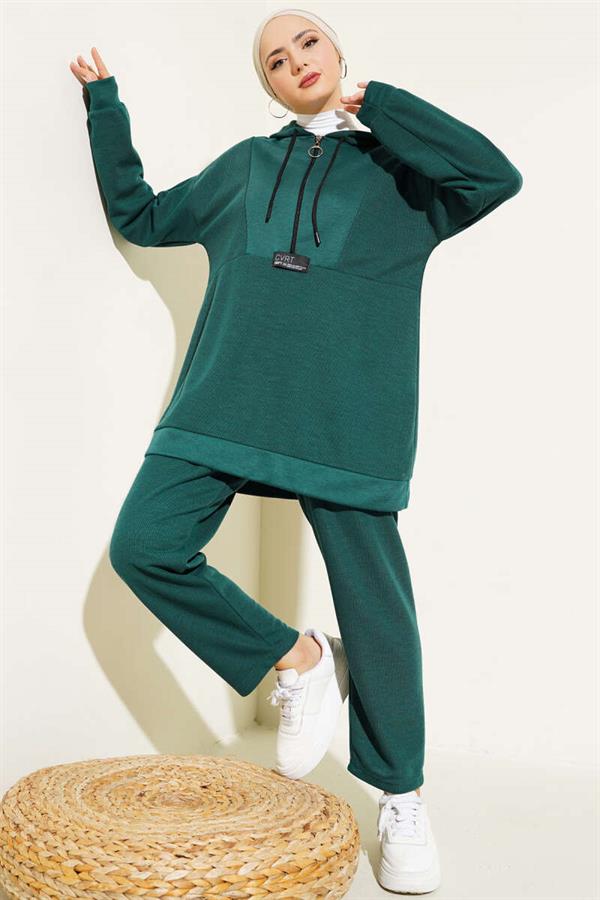 Emblem Zippered Hooded 2 Piece Set Emerald
