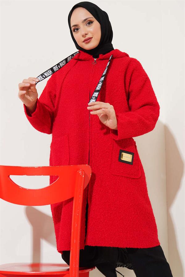 Emblem Hooded Boucle Coat Red