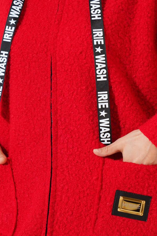 Emblem Hooded Boucle Coat Red