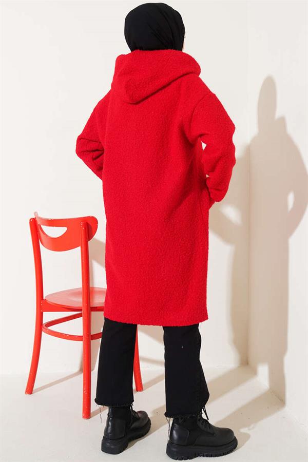 Emblem Hooded Boucle Coat Red