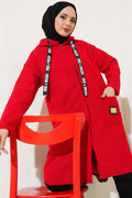 Emblem Hooded Boucle Coat Red