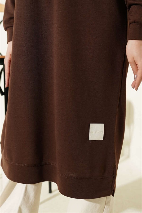 Embroidered Long Basic Tunic in Brown