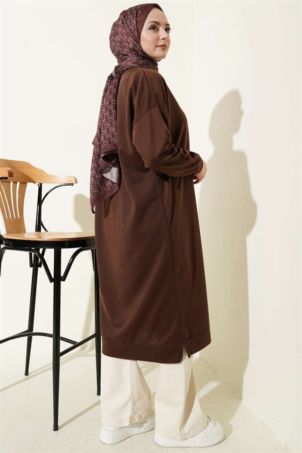 Embroidered Long Basic Tunic in Brown