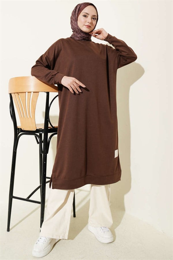Embroidered Long Basic Tunic in Brown
