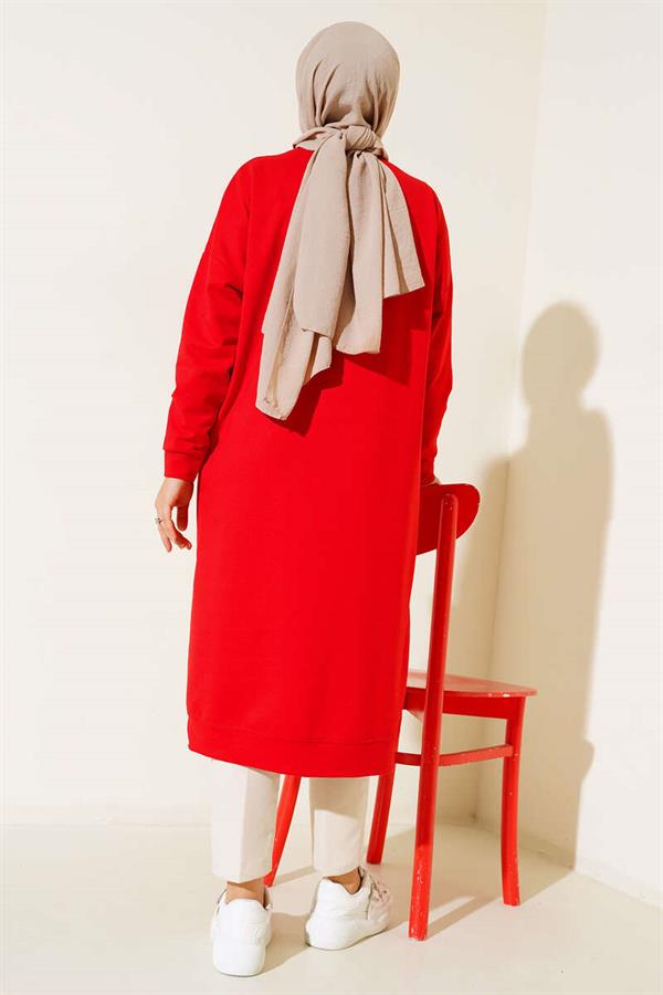  Embroidered Long Basic Tunic Red