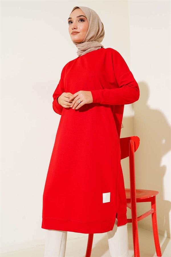  Embroidered Long Basic Tunic Red