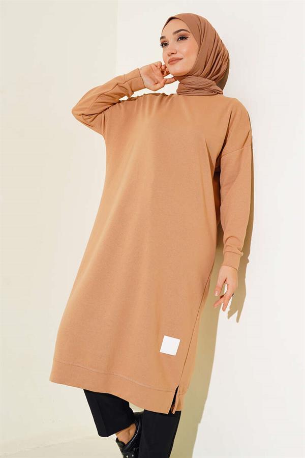 Embroidered Long Basic Tunic Latte