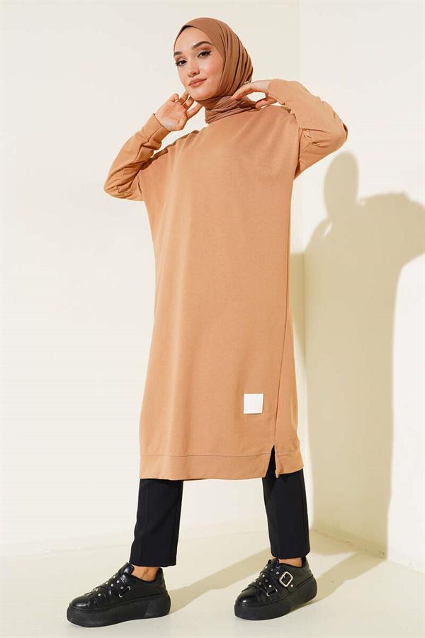Embroidered Long Basic Tunic Latte