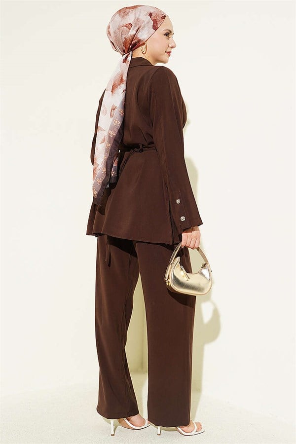Asymmetric Buttoned Drawstring Tencel 2 Piece Set, Coffee