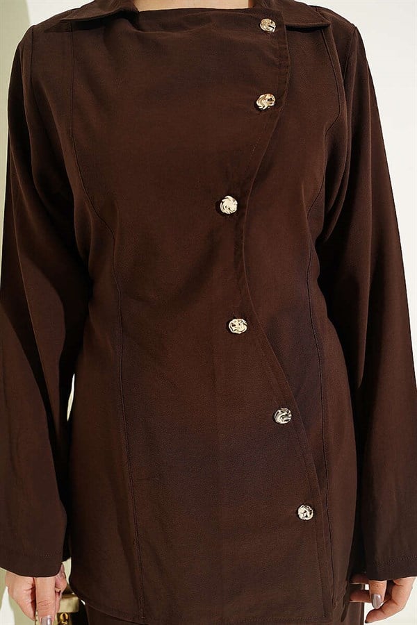 Asymmetric Buttoned Drawstring Tencel 2 Piece Set, Coffee