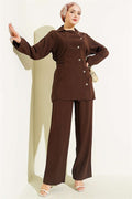 Asymmetric Buttoned Drawstring Tencel 2 Piece Set, Coffee