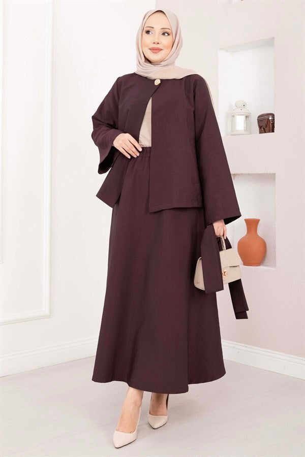 Asymmetrical Gold Buttoned Belted Skirt & Jacket 2 Piece Set in Plum