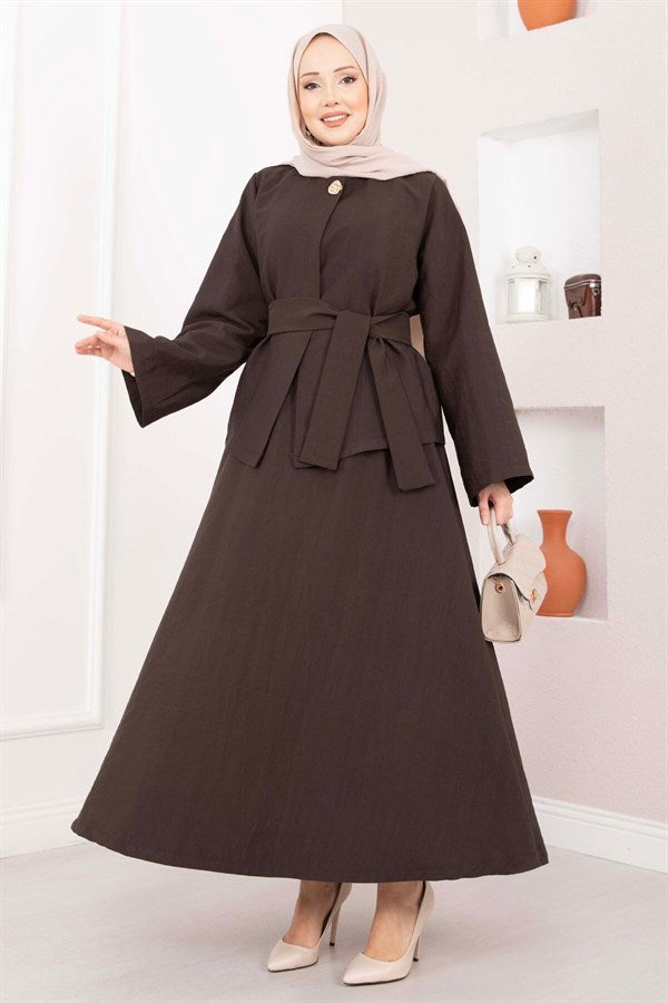 Asymmetrical Gold Buttoned Belted Skirt & Jacket 2 Piece Set in Coffee Brown
