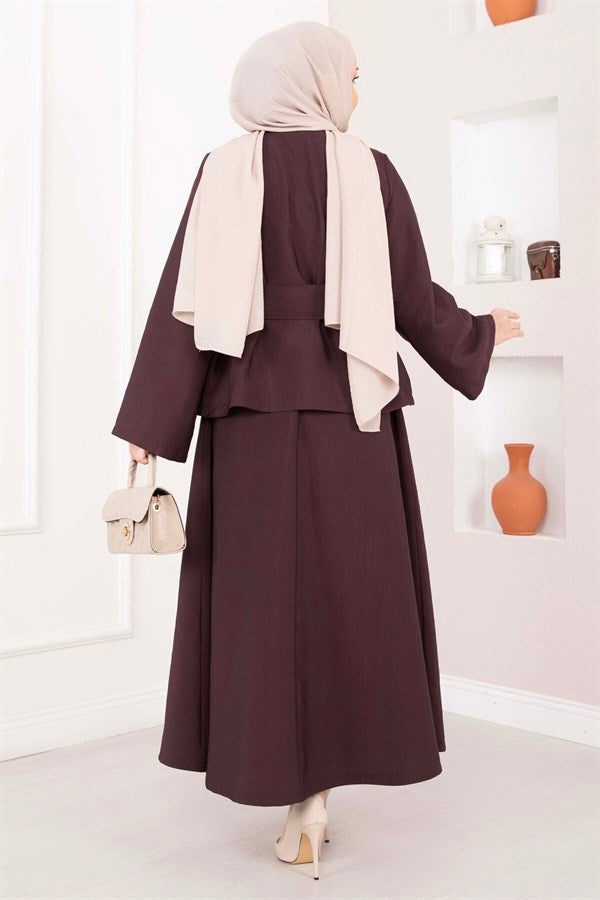 Asymmetrical Gold Buttoned Belted Skirt & Jacket 2 Piece Set in Plum