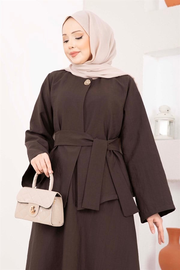 Asymmetrical Gold Buttoned Belted Skirt & Jacket 2 Piece Set in Coffee Brown