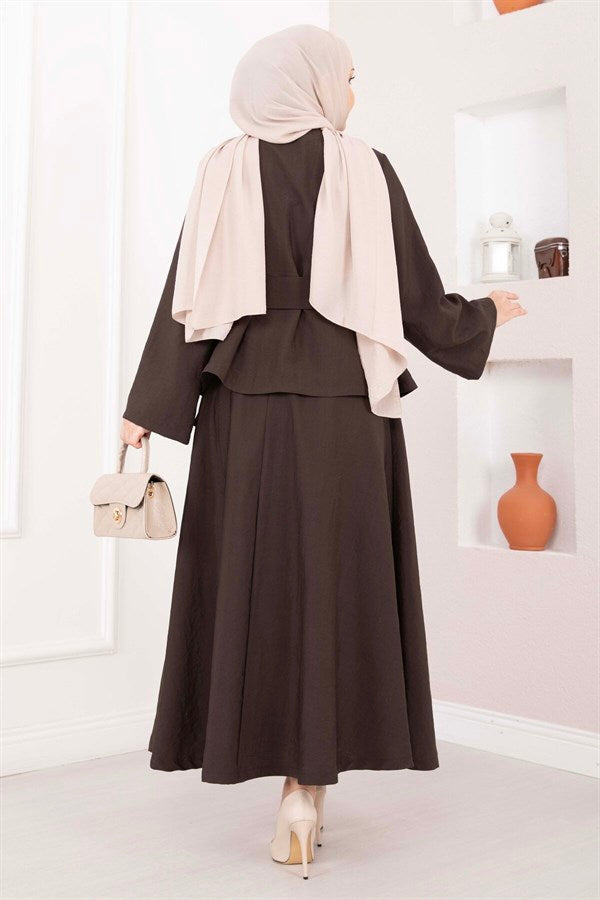 Asymmetrical Gold Buttoned Belted Skirt & Jacket 2 Piece Set in Coffee Brown