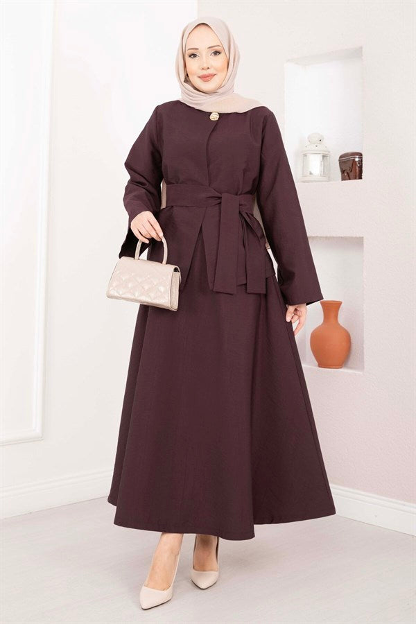 Asymmetrical Gold Buttoned Belted Skirt & Jacket 2 Piece Set in Plum
