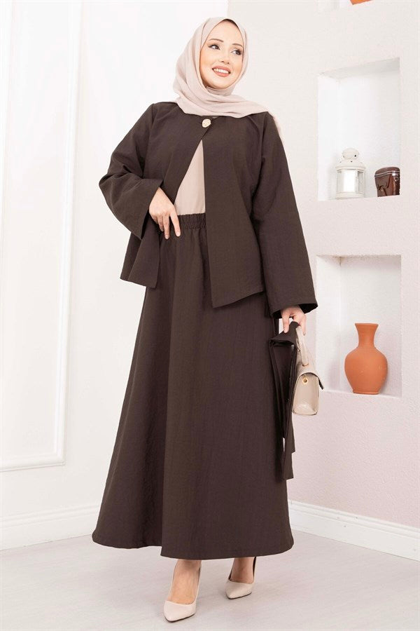 Asymmetrical Gold Buttoned Belted Skirt & Jacket 2 Piece Set in Coffee Brown
