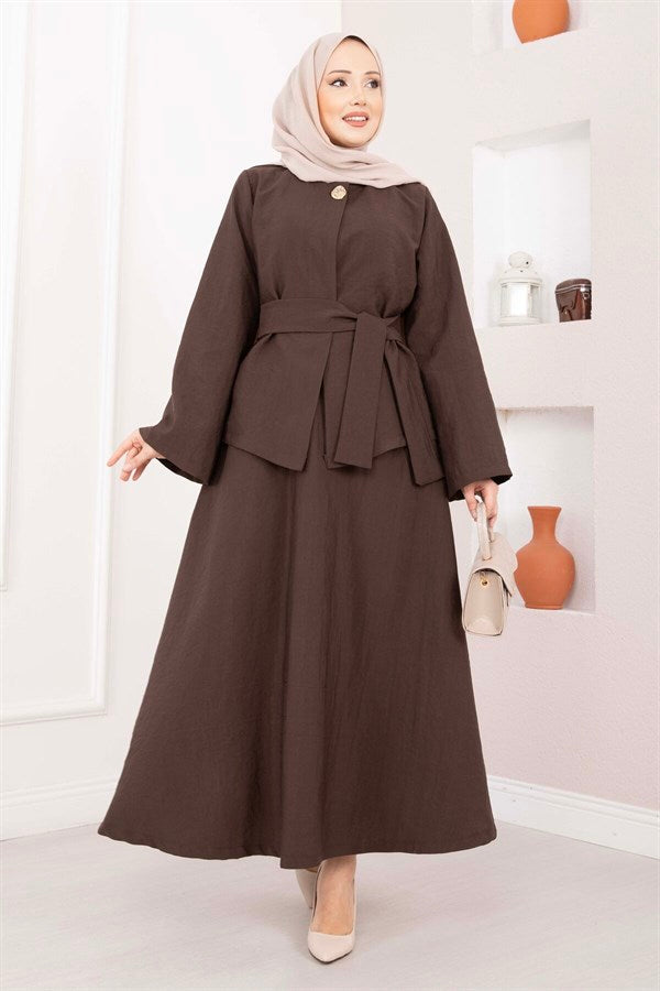 Asymmetrical Gold Buttoned Belted Skirt & Jacket 2 Piece Set in Coffee Brown