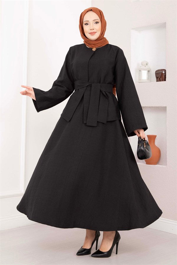 Asymmetrical Skirt & Jacket 2 Piece Set with Gold Buttons and Belt, Black