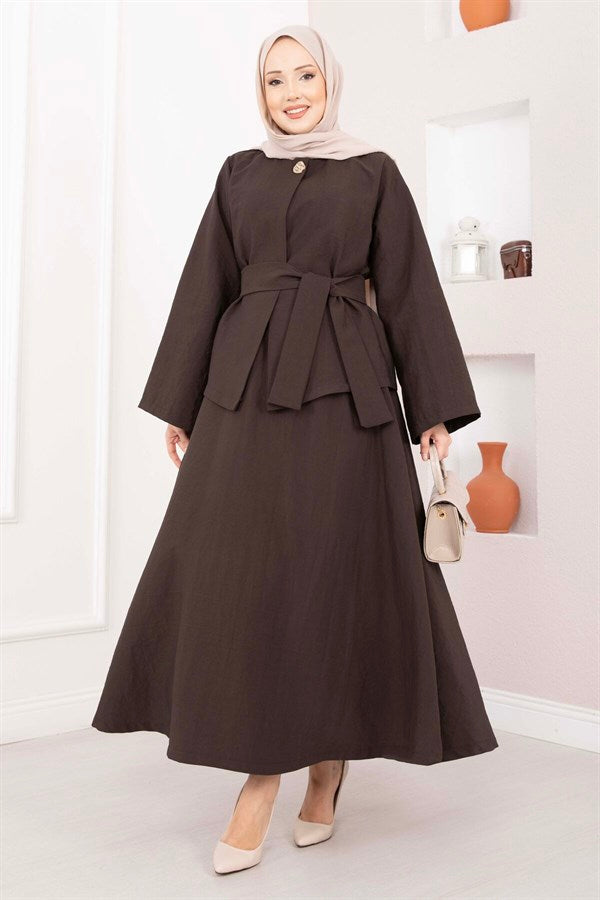 Asymmetrical Gold Buttoned Belted Skirt & Jacket 2 Piece Set in Coffee Brown