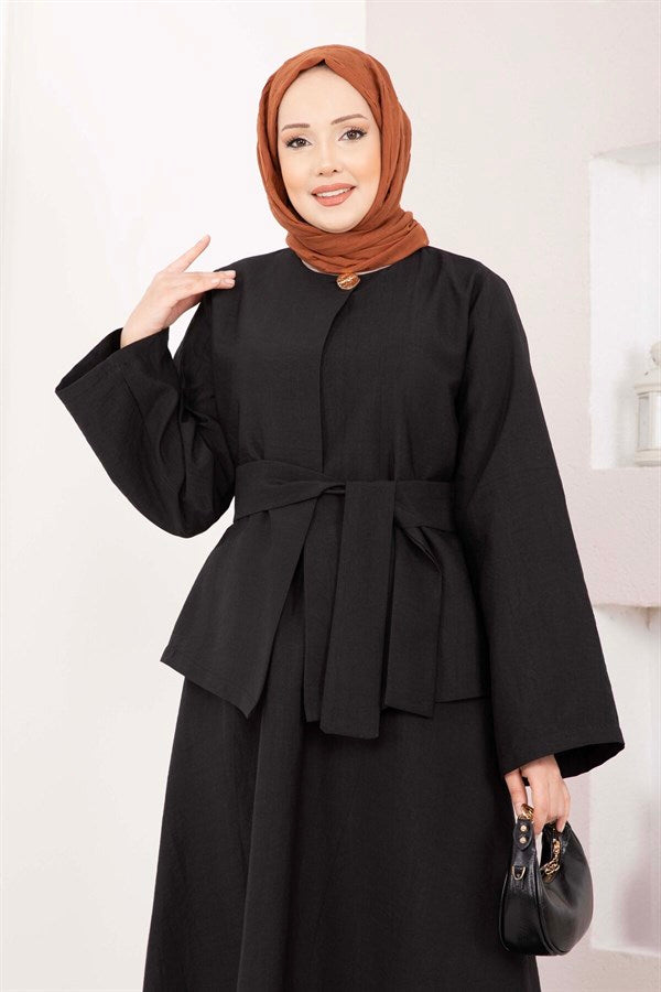 Asymmetrical Skirt & Jacket 2 Piece Set with Gold Buttons and Belt, Black