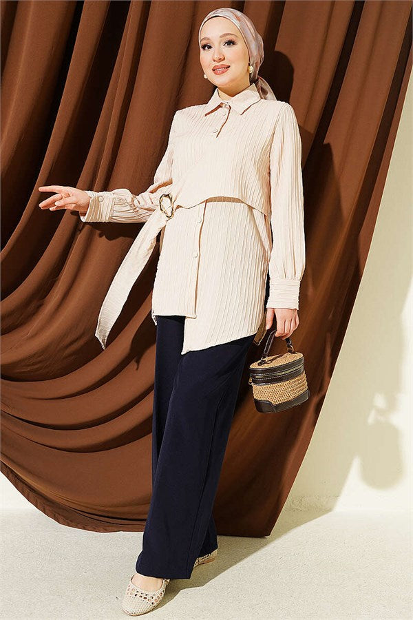 Asymmetrical Shirt with Gold Buckle Detail, Beige