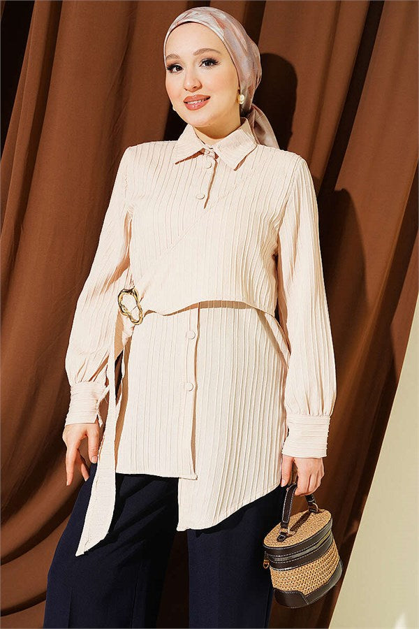 Asymmetrical Shirt with Gold Buckle Detail, Beige