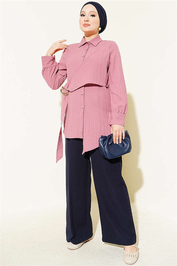 Asymmetrical Shirt with Gold Buckle Detail, Rose Pink
