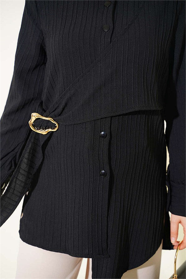 Asymmetrical Shirt with Gold Buckle Detail, Black