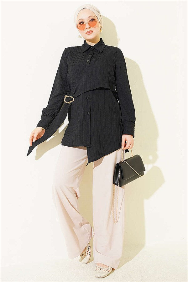 Asymmetrical Shirt with Gold Buckle Detail, Black