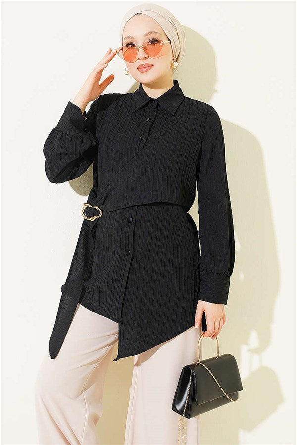 Asymmetrical Shirt with Gold Buckle Detail, Black