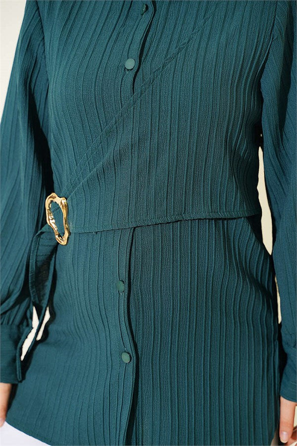 Asymmetrical Shirt with Gold Buckle Detail, Emerald Green