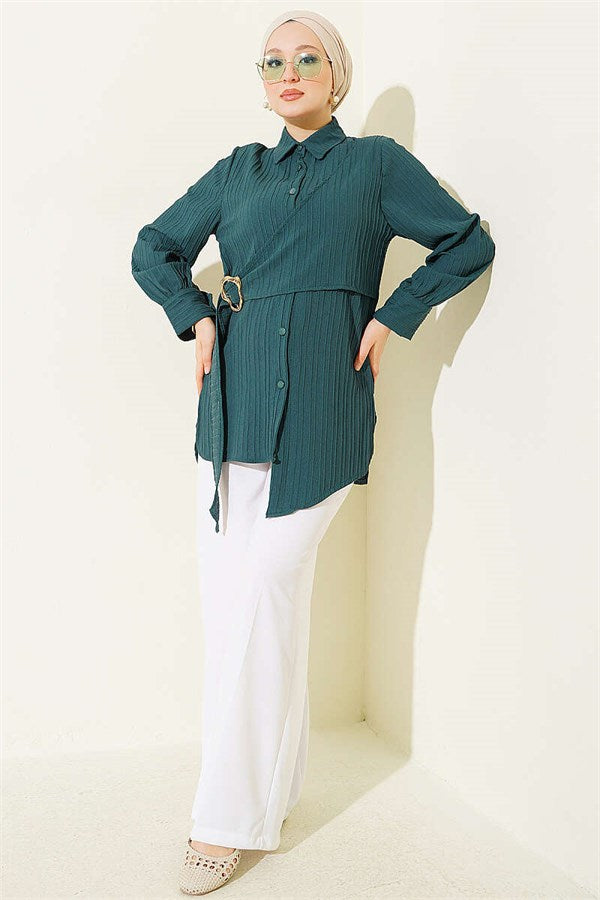 Asymmetrical Shirt with Gold Buckle Detail, Emerald Green
