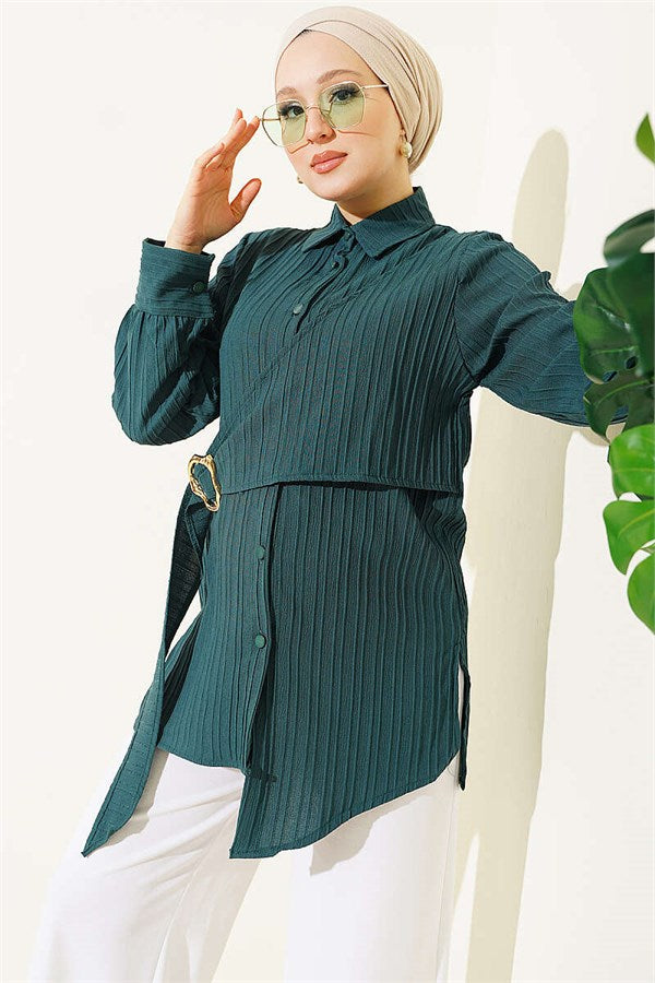 Asymmetrical Shirt with Gold Buckle Detail, Emerald Green
