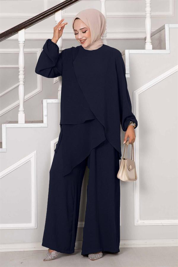 Asymmetrical Cut Aerobin Hijab 2 Piece Set Navy Blue