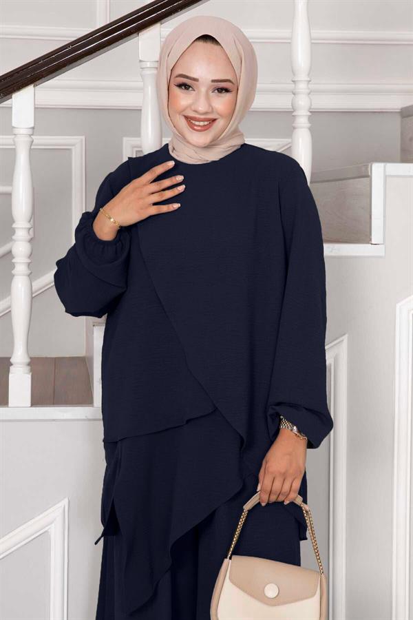 Asymmetrical Cut Aerobin Hijab 2 Piece Set Navy Blue