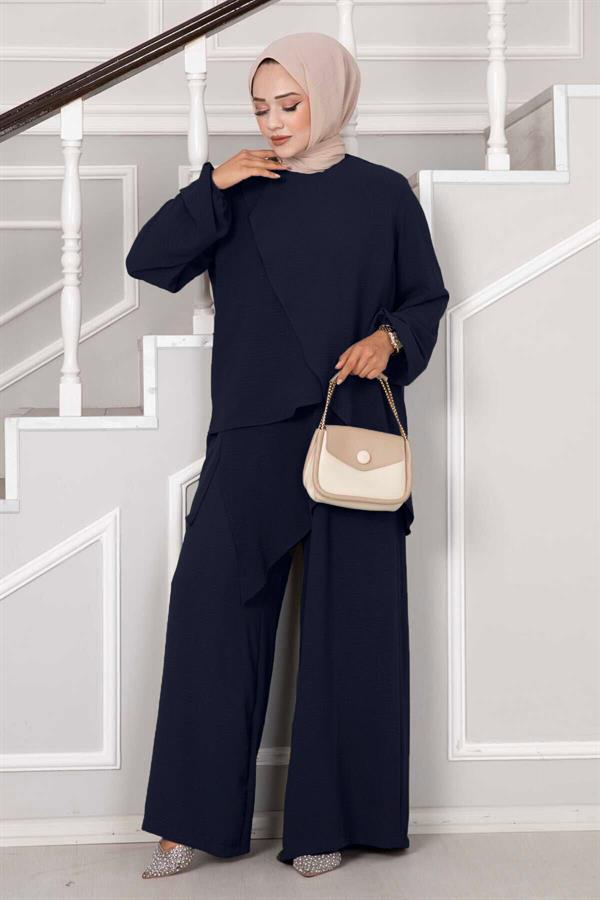 Asymmetrical Cut Aerobin Hijab 2 Piece Set Navy Blue